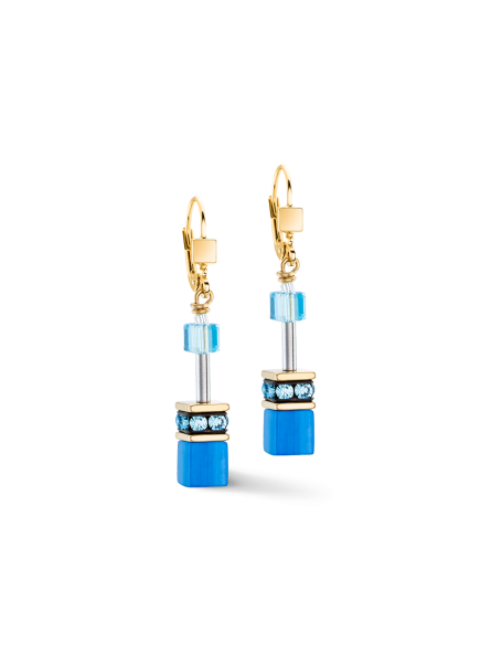 Coeur de Lion - Boucles d'oreilles GéoCube acier doré et cristaux bleus - Réf 4020/20-0600