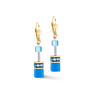 Coeur de Lion - Boucles d'oreilles GéoCube acier doré et cristaux bleus - Réf 4020/20-0600