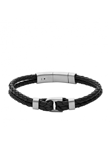 Fossil - Bracelet D-Link acier et cuir noir - Réf JF04202040
