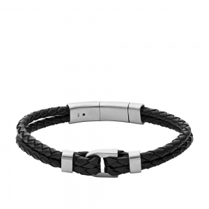 Fossil - Bracelet D-Link acier et cuir noir - Réf JF04202040