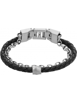 Fossil - Bracelet acier et cuir noir - Réf JF04556040