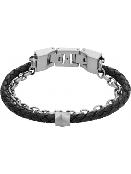 Fossil - Bracelet acier et cuir noir - Réf JF04556040
