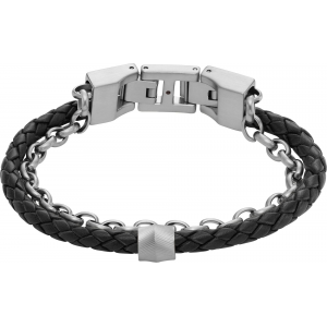 Fossil - Bracelet acier et cuir noir - Réf JF04556040
