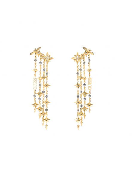 Guess - Boucles d'oreilles chaînes pendantes étoiles, acier doré et oxyde de zirconium - Réf JUBE03323JWYG