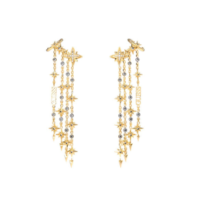 Guess - Boucles d'oreilles chaînes pendantes étoiles, acier doré et oxyde de zirconium - Réf JUBE03323JWYG