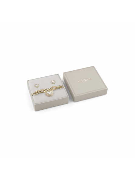 Guess - Parure bracelet et boucles d'oreilles coeurs en nacre, acier doré - Réf JUBS04085JWYGWH