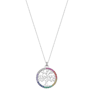 Lotus - Collier arbre de vie métal gris et oxydes de zirconium multicolore - Ref LP1746-1/3