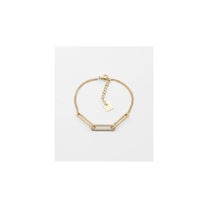 Bracelet Zag Sbs10489-01Wht -  Bracelet Acier Doré Motifs Rectangulaires Et Oxydes - Longueur 15Cm Et 3Cm De Réglage.