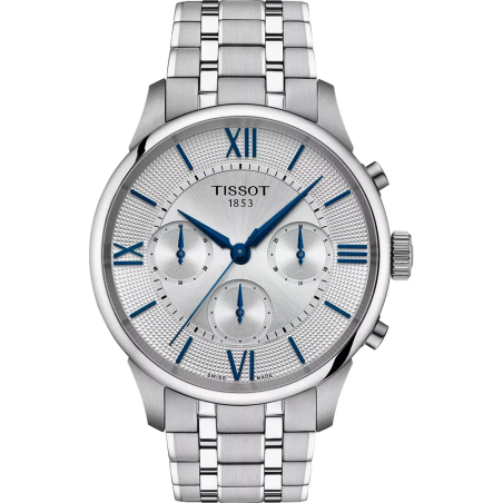 Montre Homme Tissot Chemin des Tourelles chronographe automatique argenté bracelet acier - Réf. T1394621103800