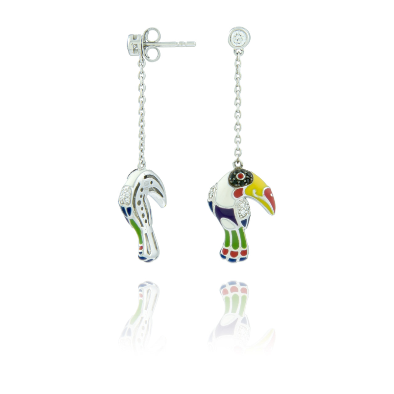 Una Storia - Boucles d'oreilles pendantes Toucans  et argent 925/1000 - Ref BO121112
