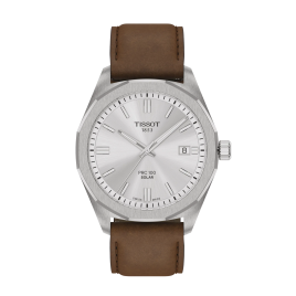 Montre Homme Tissot PRC100 Solar argenté bracelet cuir brun - Réf. T1514221603100