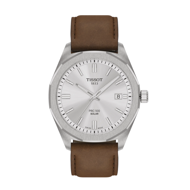 Montre Homme Tissot PRC100 Solar argenté bracelet cuir brun - Réf. T1514221603100