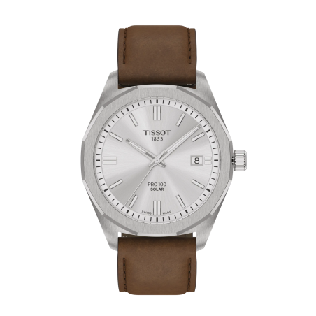 Montre Homme Tissot PRC100 Solar argenté bracelet cuir brun - Réf. T1514221603100