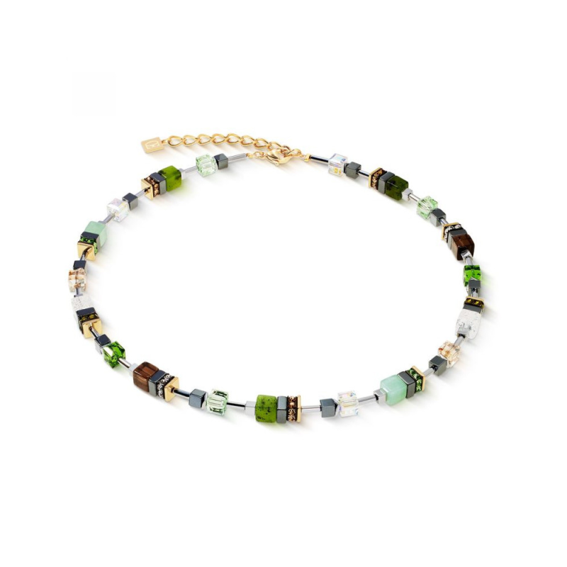Coeur de Lion - Collier GeoCube Iconic cristaux tons vert gris, acier doré 3017/10-0500