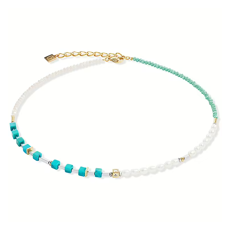 Coeur de Lion - Collier Geocube et perles, acier doré 1126/10-0605