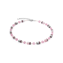 Coeur de Lion - Collier Geocube cristaux roses et hématite, acier blanc 4017/10-1900
