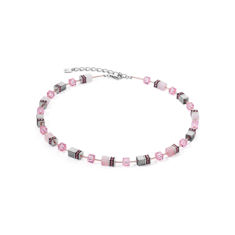 Coeur de Lion - Collier Geocube cristaux roses et hématite, acier blanc 4017/10-1900