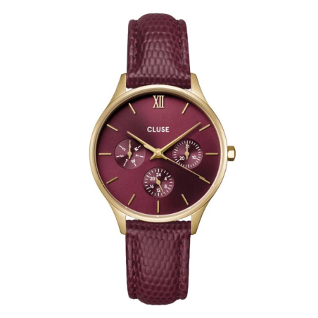 Cluse - Montre femme Multifunction Bracelet Cuir Bordeaux Imprimé Lézard CW10706