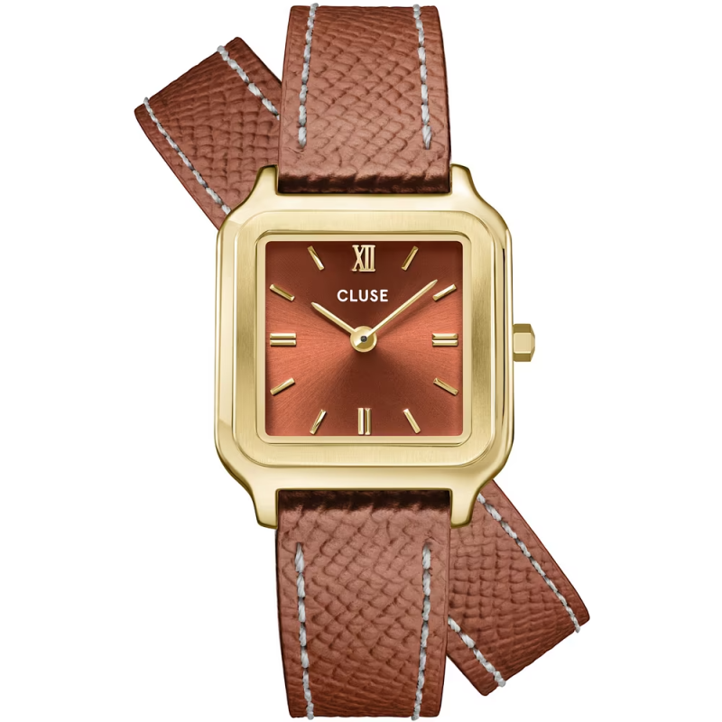 Cluse - Montre femme Belisenna Boîtier Rectangulaire PVD doré Bracelet Cuir CW15006