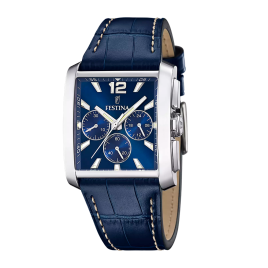 Festina - Montre Homme Chronographe Rectangulaire en Acier et Cuir Bleu F20636/2